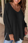 Women's Black Waffle Knit V-Neck Top with Side Slits - Relaxed Fit Casual Tee for Effortless Everyday Style