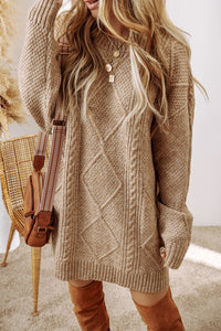 
Chic Cream Sweater Dress for Women - Long Sleeve Knit Midi with Belted Waist for Cozy, Effortless Style