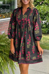 Women's Floral Print Black Babydoll Dress with Notched Neckline and Piping Trim - Ideal for Spring and Summer Outings