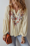 Women's Stylish Apricot Floral Embroidered V-Neck Blouse - Comfortable Fit for Effortless Spring Fashion