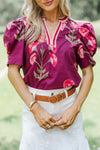 Stylish Women's Red Floral V-Neck Blouse with Short Puff Sleeves & Stripes - Perfect for Casual Outings