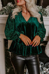 Stylish Women's Evergreen Velvet Ribbed Peplum Blouse with Puff Sleeves and Trendy Split Neck for Effortless Elegance