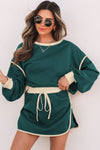 Chic Women's Evergreen Color Block Pullover & Lace-Up Waist Skort Set - Casual, Comfortable Everyday Outfit