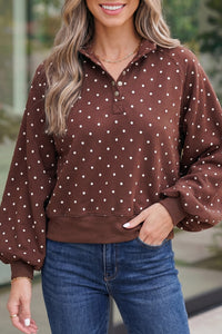 Trendy Women's Brown Polka Dot Pullover Sweatshirt with Button Collar – Cozy Casual Style for Everyday Comfort