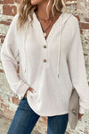 Cozy Women's White Thermal Waffle Knit Hoodie with Drawstring, Button V-Neck, and Relaxed Fit for Ultimate Comfort