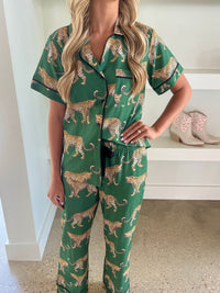 Green Leopard Print Casual Pajama Set with Short Sleeves and Drawstring Detail