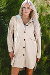 Trendy Women's Oversized Beige Hooded Corduroy Shacket - Cozy Layering Jacket with Stylish Contrast Design