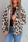 Women's Stylish Khaki Leopard Print Quilted Winter Jacket - Warm, Trendy Outerwear with Contrast Trim for Cold Weather