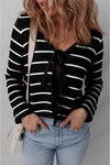 Cozy Women's Black Striped V-Neck Cardigan Sweater with Tie Front - Effortless Layering for Chic Fall Style