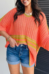 Cozy Women's Oversized Salmon Striped V-Neck Dolman Sleeve Sweater with Side Slits for Casual Chic Style