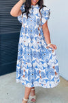 Women's Sky Blue Tropical Floral Maxi Dress with Flutter Sleeves for Stylish Vacation Comfort