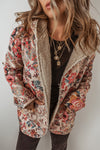 Women's Cozy Beige Vintage Paisley Floral Hooded Jacket with Sherpa Lining for Chic Winter Warmth