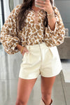 Chic Women's Khaki Leopard Print Blouse with Contrast Trim, Button Neck, and Long Puff Sleeves for Effortless Style