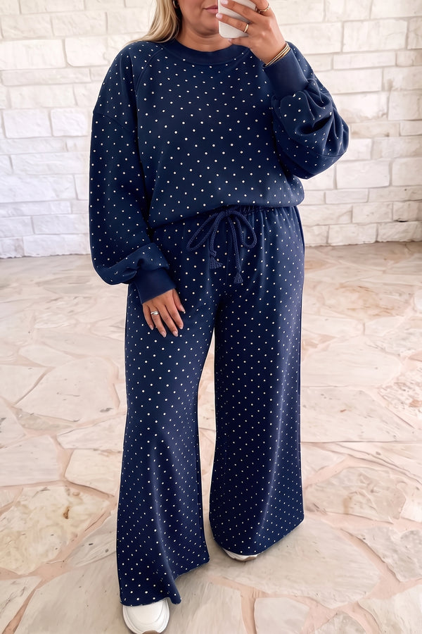 Plus Size Women's Stylish Blue Polka Dot Long Sleeve Top & Pants Set - Comfy Wholesale Fashion for Every Occasion