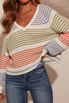 Cozy Women's Multicolor Striped V-Neck Sweater with Raglan Sleeves – Trendy Knitwear for Effortless Casual Style