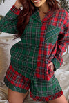 Cozy Women's Red Plaid Christmas Pajama Set - Long Sleeve Top & Shorts with Contrast Patches for Holiday Comfort