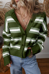 Chic Women's Green Striped Drop Shoulder Cardigan Sweater with Buttons - Cozy Casual Layer for Effortless Style