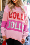Cozy Women's Pink Sequined Color Block Crew Neck Sweater - Festive HOLLY JOLLY Style for Holiday Fashion