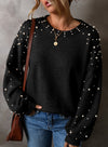 Elegant Black Pearled Drop Shoulder Sweater for Women - Cozy Round Neck Knit Top with Stylish Design and Comfortable Fit