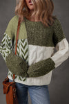 Cozy Women's Green Color Block Patchwork Sweater with Knotted Back - Relaxed Fit for Effortless Style