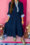 Elegant Women's Navy Blue Flowy Midi Dress with Ruffled 3/4 Sleeves and Stylish Contrast Frill for Casual Chic Look