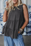 Women's Dark Grey A-Line Tank Top with Tiered Frill Trim – Chic & Comfortable Everyday Casual Wear for Effortless Style