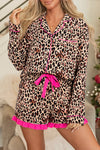Women's Light Beige Leopard Print Long Sleeve Shirt & Ruffle Hem Short Set with Drawstring - Trendy Casual Outfit