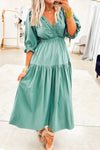 Elegant Women's Canton Color Flared Long Dress with V-Neck, Frilled Puff Sleeves, and Cinched Waist for Summer Style