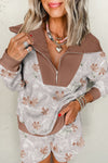 Stylish Women's Brown Camo Pullover and Shorts Set with Maple Leaf Contrast – Comfy 2-Piece Outfit for Casual Looks