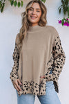 Trendy Women's Oversized Khaki Leopard Print Sweater with High Neck and Side Slits for Cozy Style
