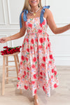 Chic Women's High Waist Red Floral Denim Dress with Knot Straps & Contrast Stitching for Effortless Summer Style