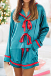 Lapis Blue Women's Frilled Trim Pajama Set with Ribbon Bow - Stylish Short and Top Sleepwear for Ultimate Comfort