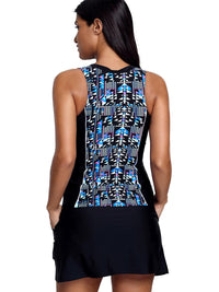 black-geometric-print-sleeveless-zipper-racer-back-pocket-tankini-set