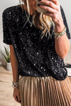 Women's Sparkly Black Sequin Crew Neck T-Shirt - Comfortable Holiday Party Top for Festive Celebrations and Events