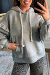 Women's Gray Ruffle-Trim Baggy Hoodie with Contrast Drawstring - Chic Drop Shoulder Sweatshirt for Casual Comfort
