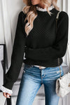 Women's Black Contrast Lace Frilled Trim Raglan Sleeve Sweater - Stylish, Comfortable Knit for Casual Elegance