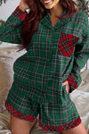Cozy Women's Green Plaid Christmas Pajama Set with Long Sleeve Shirt & Contrast Patches for Festive Comfort