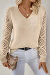 Cozy Fit Women's V-Neck Pointelle Knit Sweater with Trendy Patchwork Sleeves in Jet Stream Color