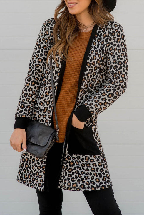 Cozy Women's Black Leopard Print Cardigan with Pockets - Chic Open Front Layering Piece for Effortless Style