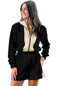Black Two-tone Long Sleeve Zipped Front Casual Romper