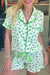 Cozy Women's Green Clover Print Short Sleeve Pajama Set with Ruffled Shorts for Relaxing Sleepwear