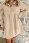 Plus Size Oatmeal Long Sleeve Mini Dress with Button Front & Collared Neckline for Effortless Chic Women's Style