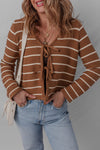 Cozy Women's Chestnut Striped V-Neck Cardigan Sweater with Tie Front - Trendy Layering Essential for Fall Fashion