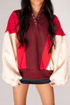 Women's Fiery Red Color Block Oversized Hoodie with Snap Buttons – Trendy, Comfortable, and Stylish Layering Piece