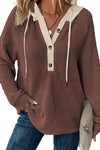 Cozy Women's Coffee Waffle Knit Half Button Hooded Pullover - Stylish Layering Top in Trendy Brown for Casual Comfort