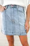 Beau Blue A-Line Denim Mini Skirt for Women with Exposed Seam Detail and Functional Pockets