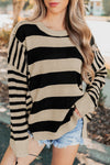 Cozy Women's Black Striped Baggy Sweater with Drop Shoulder Sleeves and Trendy Patchwork Design for Casual Chic Look
