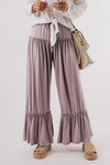Chic Women's Khaki Wide Leg Pants with Frills and Drawstring High Waist - Stylish Comfort for Casual Outings