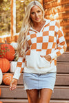 Cozy Women's Gold Flame Checkered Hooded Sweater with Split Neck & Kangaroo Pocket - Perfect for Fall Fashion