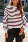 Cozy Fiery Red Striped Knit Sweater for Women - Chic Baggy Fit with Split Hem for Fall and Winter Style